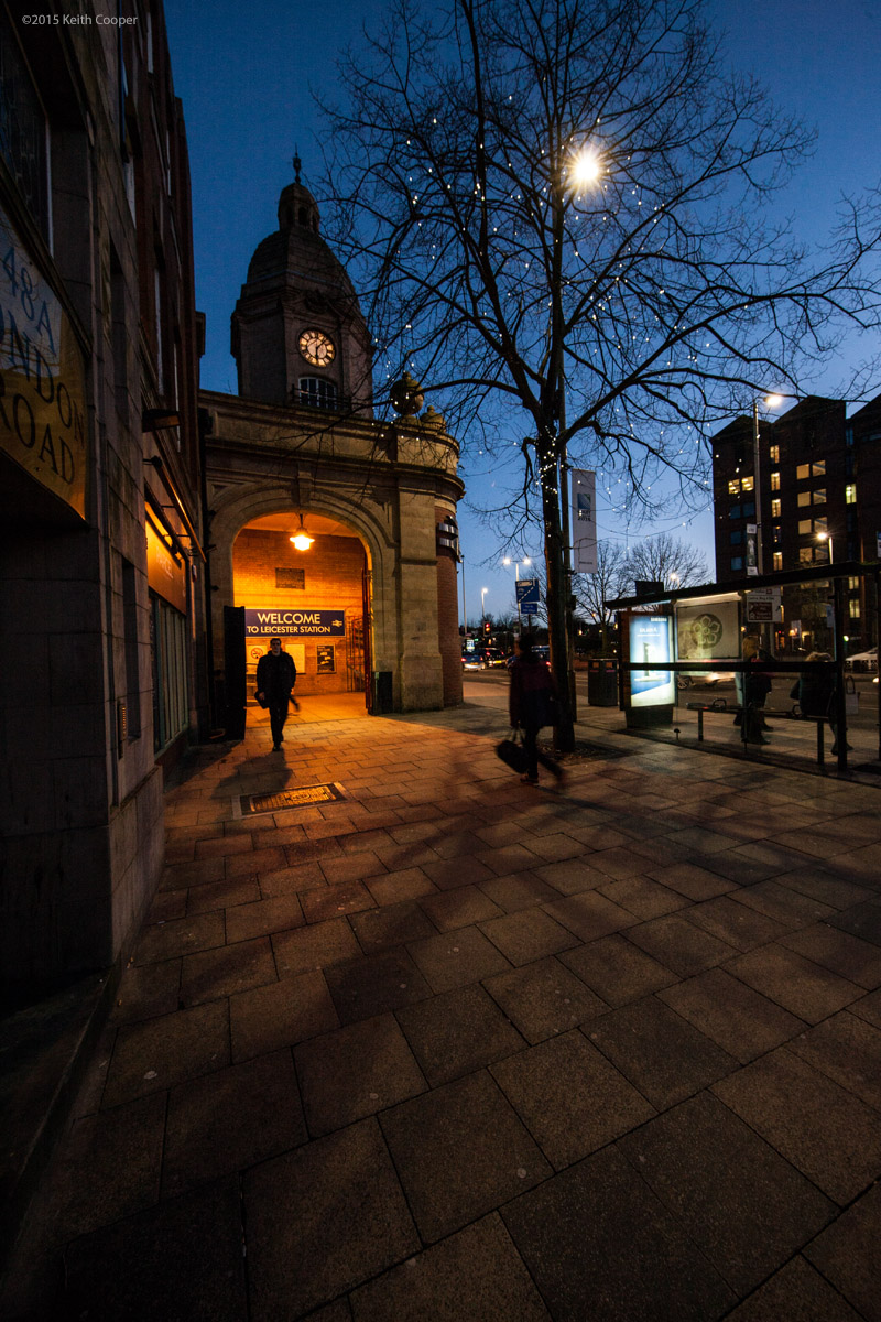 the entrance to Leicester station late evening
